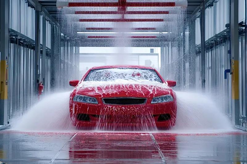 Red car in a wash tunnel with water and foam